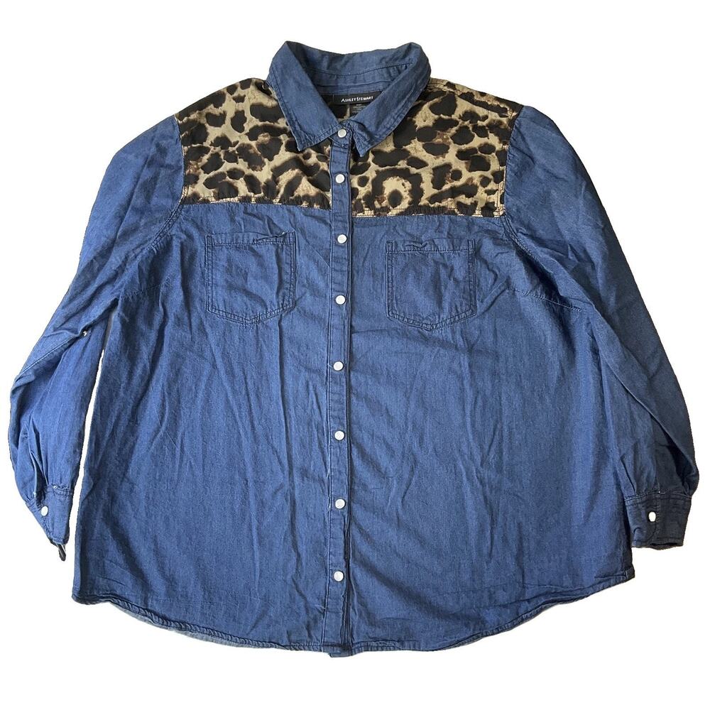 Ashley Stewart Women Button Up Shirt 18 Blue Animal Print Western long sleeve